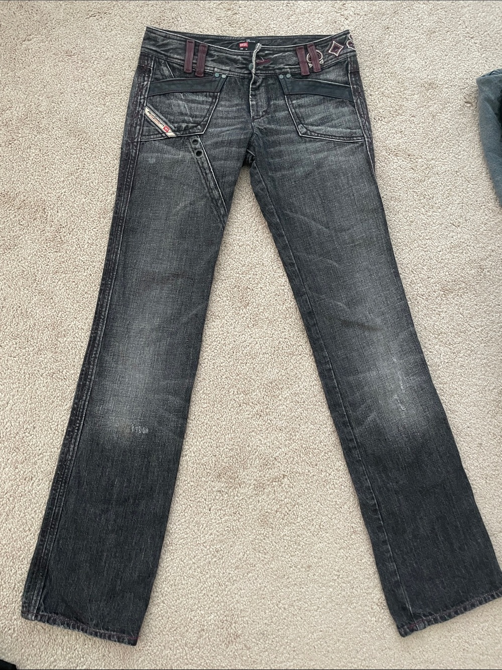 Vintage Diesel Women's Black Faded Bootcut Jeans with Subtle Maroon Accents